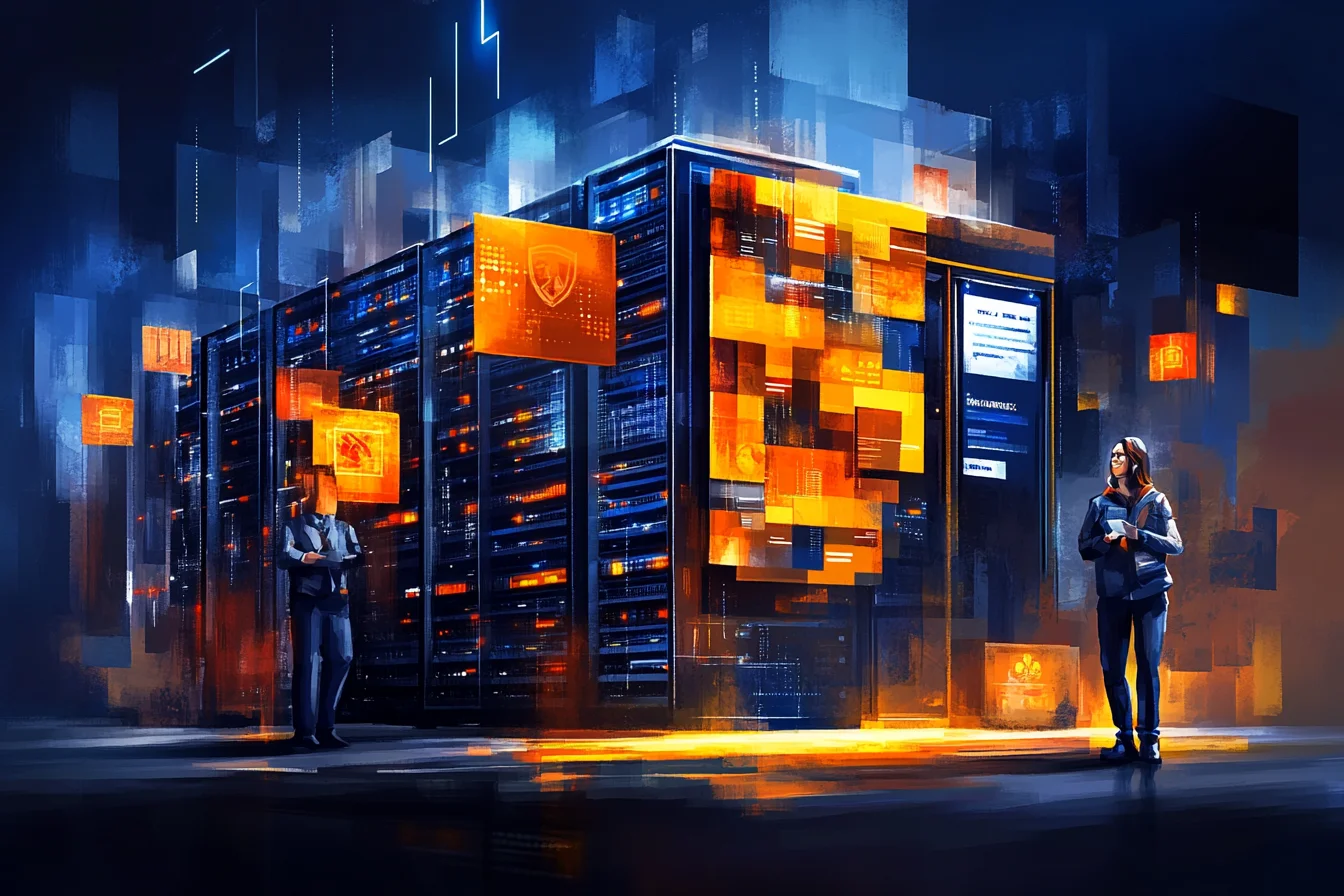 Ilustracja budynku z szafami serwerowymi i osobami przed nim, nawiązująca do kodu aplikacji ASP.NET na serwerze